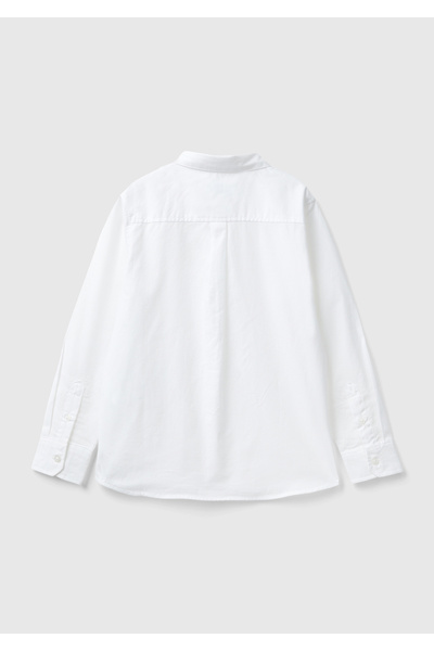 United Colors of Benetton Erkek Çocuk Beyaz Önü Logo İşlemeli Düğmeli Armürlü Gömlek