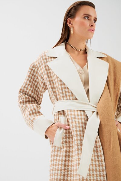 Sateen Δερμάτινο Λεπτομερές Παλτό Houndstooth - Camel