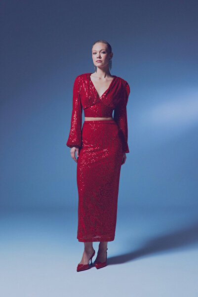 Sateen Payetli Uzun Etek - KIRMIZI