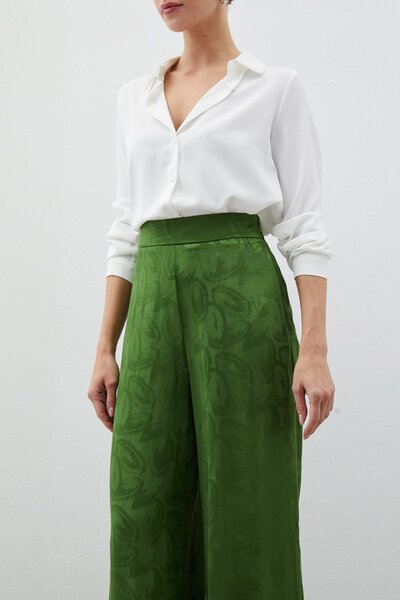 Sateen Jakarlı Salaş Pantolon - YEŞİL