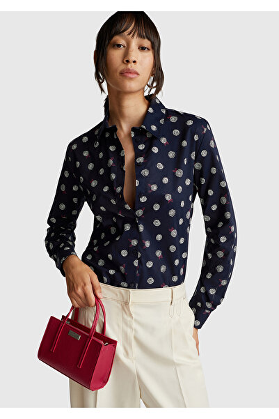 United Colors of Benetton Women's Navy Blue 100% Cotton Patterned Regular Fit Shirt