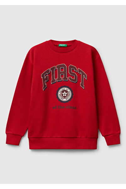 United Colors of Benetton Erkek Çocuk Kırmızı Çok Renkli Baskılı Relaxed Fit Sweatshirt