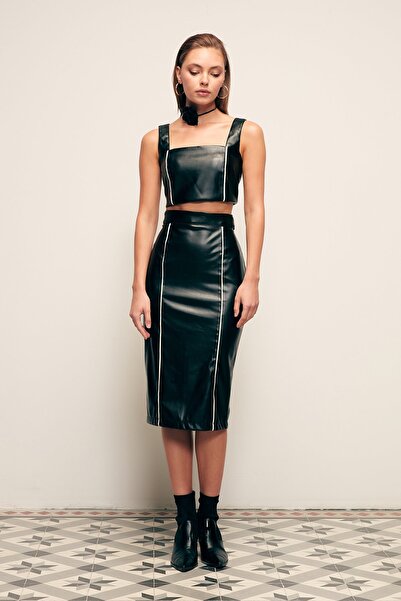 Sateen Kontrast Deri Etek - Siyah