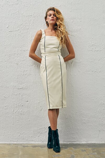 Sateen Δερμάτινη φούστα με αντίθεση - Εκρού