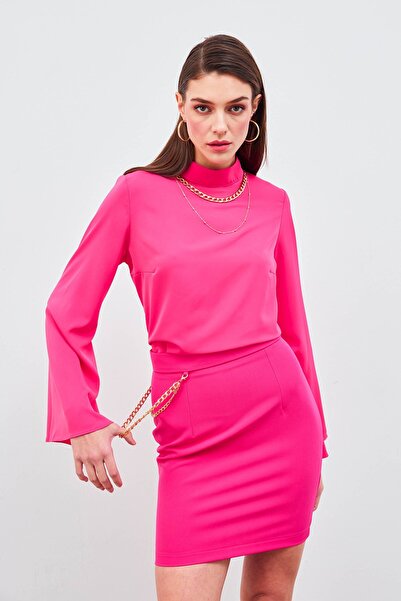 Sateen Zincir Aksesuarlı Mini Etek - Fuşya