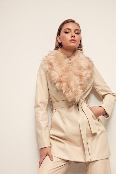 Sateen جاكيت جلد بتفاصيل فرو - حجر