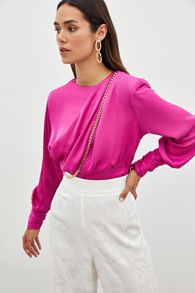 Sateen Front Chain Satin Blouse - Fuchsia