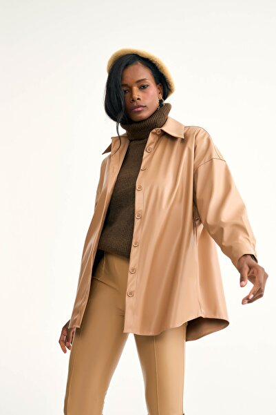 Sateen Δερμάτινο casual πουκάμισο μπουφάν - Μπεζ