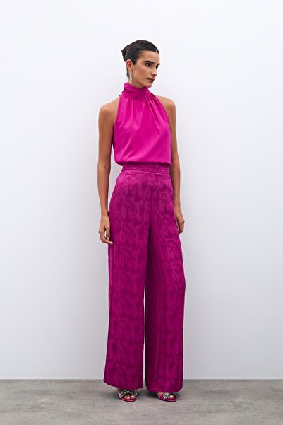 Sateen Jakarlı Salaş Pantolon - Fuşya