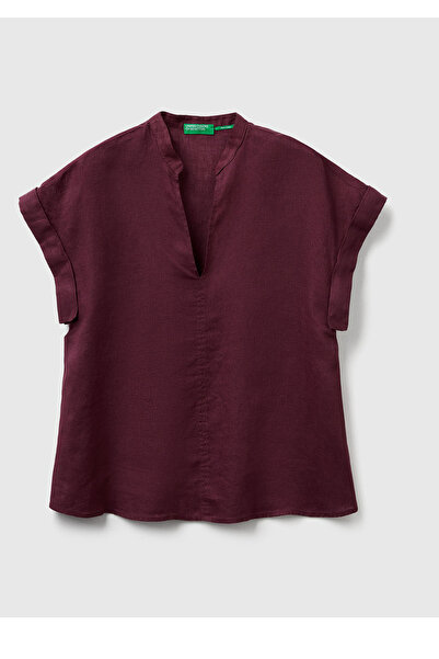 United Colors of Benetton Women's Plum 100% Linen V-Neck Kimono Sleeve Blouse