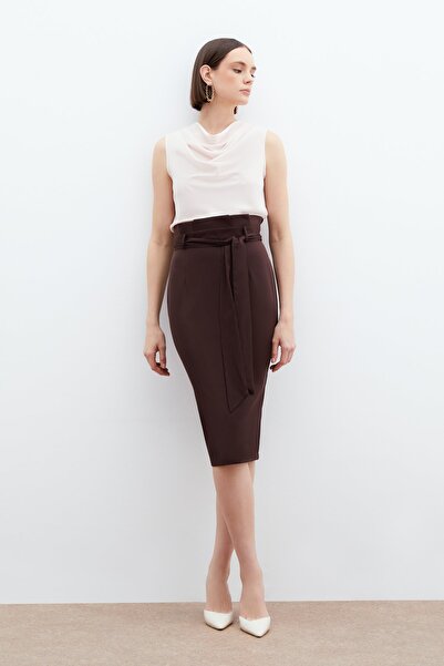 Sateen Kuşaklı Kalem Etek - Kahve