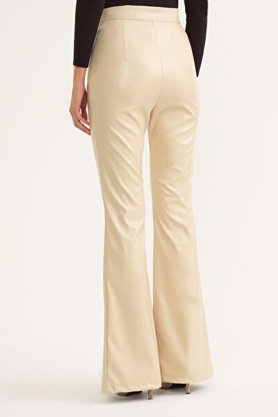 Sateen İspanyol paça deri pantolon - Taş