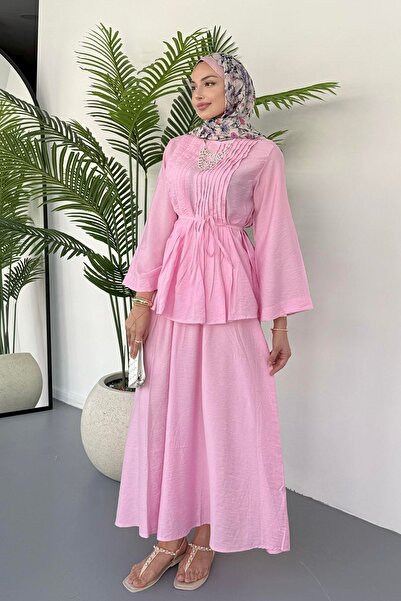 Hatun Atila Ribbed Lace Detailed Blouse and Flowing Skirt Two-Piece Set 8043 - Pink