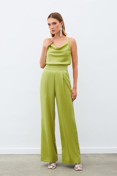 Sateen Loose Satin Trousers with Pockets - Oil Green