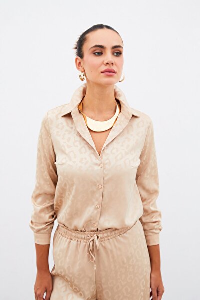 Sateen Desenli Saten Gömlek - Camel