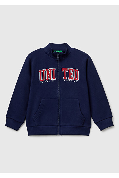 United Colors of Benetton Erkek Çocuk Lacivert Logo Baskılı Cepli Fermuarlı Dik Yaka Sweatshirt