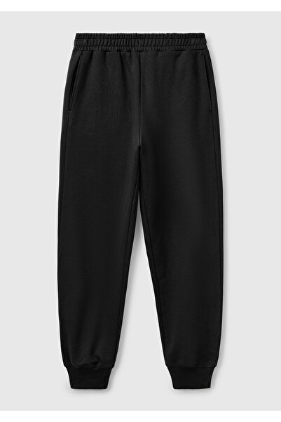 United Colors of Benetton Pantaloni de sport negri, 100% bumbac, cu manșete, cu talie elastică, cu potrivire normală