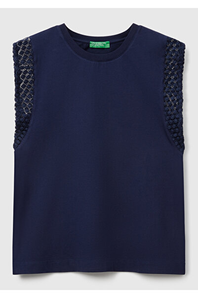 United Colors of Benetton Γυναικείο μπλουζάκι με λεπτομέρεια με δαντέλα Navy Blue, ελαστικό αμάνικο