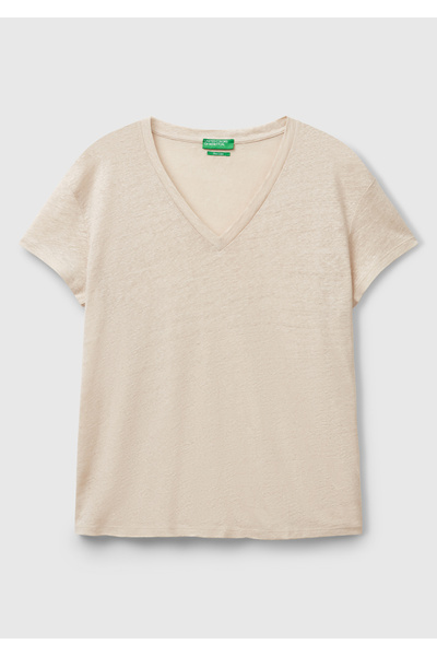 United Colors of Benetton Women's Stone Color 100% Linen Off Shoulder Relax Fit V-Neck T-Shirt