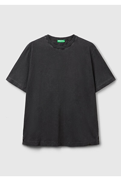 United Colors of Benetton Ανδρικό μαύρο μπλουζάκι 100% Koton Crew Neck Slub