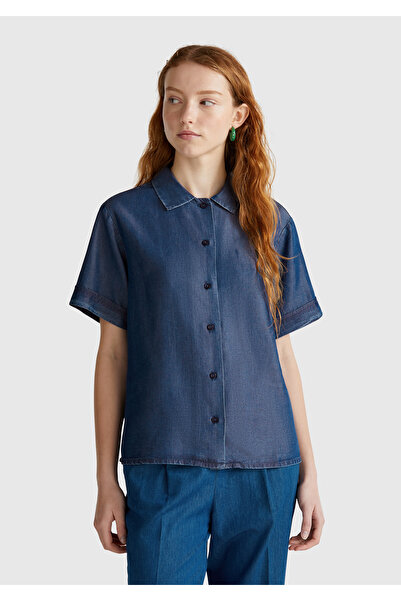 United Colors of Benetton Cămașă de damă albastru închis 100% Liyosel cu mânecă scurtă din denim