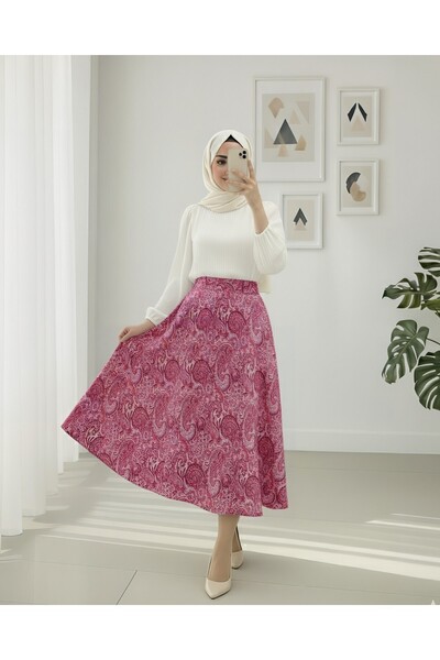 Modamorfo Elastic Waist Ethnic Pattern Flared Skirt - Cherry