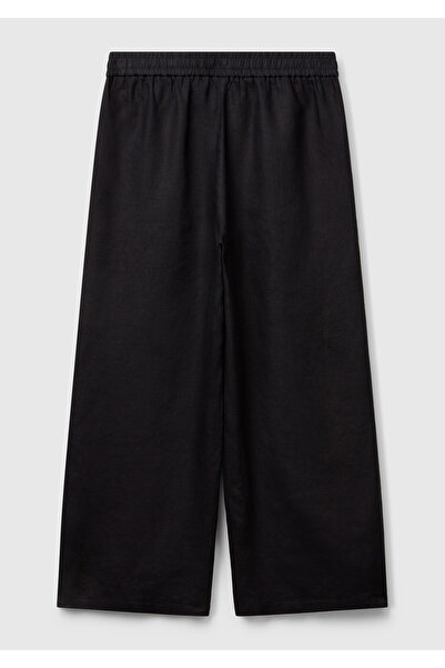 United Colors of Benetton Women's Black 100% Linen Elastic Waist Loose Short Leg Trousers