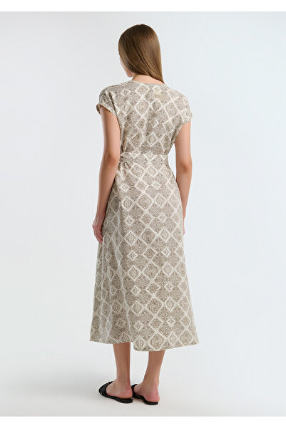 United Colors of Benetton Kadın Beyaz Mix %100 Keten Desenli V Yaka Cepli Uzun Elbise