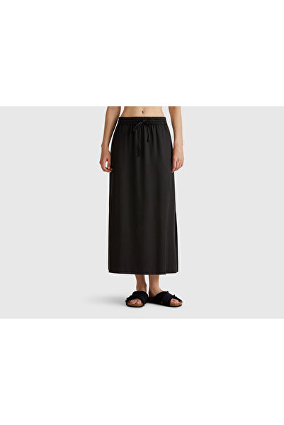 United Colors of Benetton Women's Black 100% Lyocell Long Skirt with Elastic Waist and Pockets