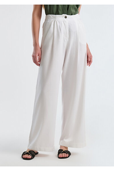 United Colors of Benetton Women's White Lyocell Blended Wide Leg Trousers with Elastic Waist