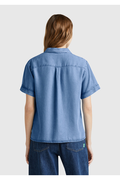 United Colors of Benetton Cămașă de damă albastru deschis 100% Liyosel cu mânecă scurtă din denim