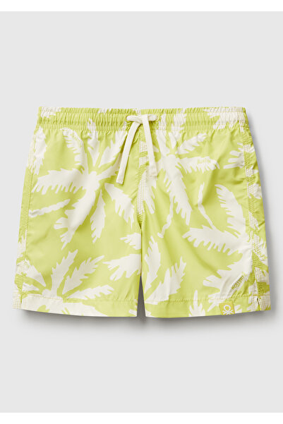 United Colors of Benetton Erkek Çocuk Fıstık Yeşili Tamamı Desenli Arkası Cep Detaylı Büzgü İpli Deniz Şortu