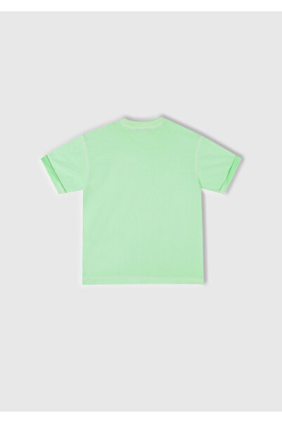 United Colors of Benetton Boy's Light Green Faded Effect Logo Embroidered Oversize T-Shirt