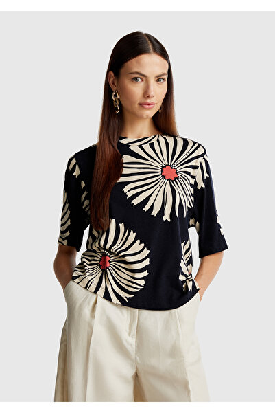 United Colors of Benetton Women's Navy Blue Linen Blend Boxy Fit Floral Pattern T-Shirt