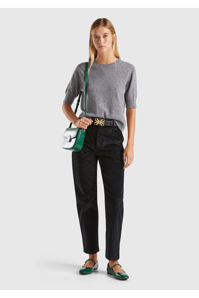 United Colors of Benetton Women's anthracite melange 100% merino crew neck short sleeve sweater