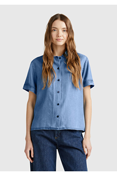 United Colors of Benetton Cămașă de damă albastru deschis 100% Liyosel cu mânecă scurtă din denim