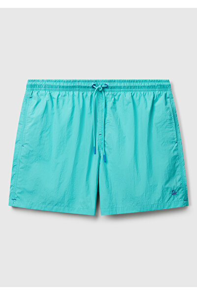 United Colors of Benetton Men's Light Blue Drawstring Swim Shorts with Back Pocket Detail