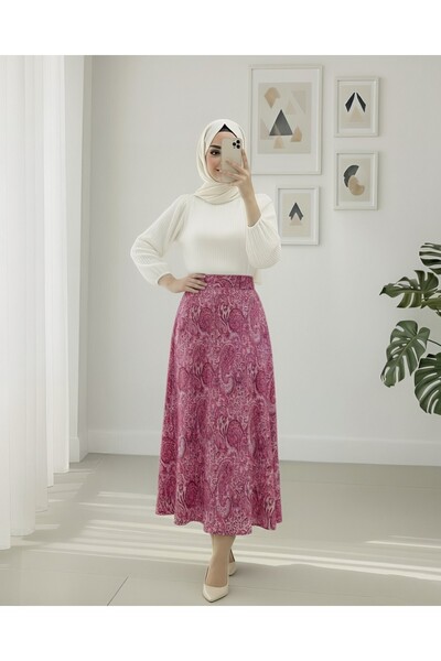 Modamorfo Elastic Waist Ethnic Pattern Flared Skirt - Cherry