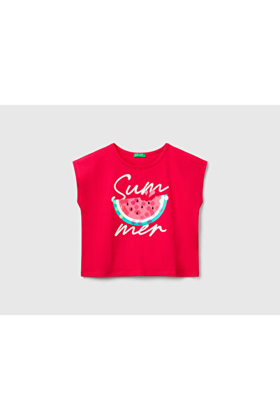 United Colors of Benetton Κοριτσίστικο μπλουζάκι με φούξια εμπριμέ παγιέτες μ...