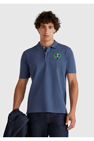 United Colors of Benetton Men's blue 100% cotton peanuts Printed polo t-shirt