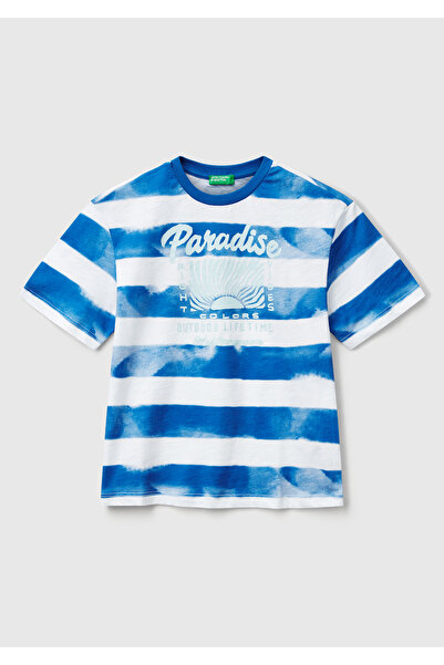 United Colors of Benetton Tricou oversize pentru băiat Saks, cu imprimeu albastru, cu dungi cu gâtul turn