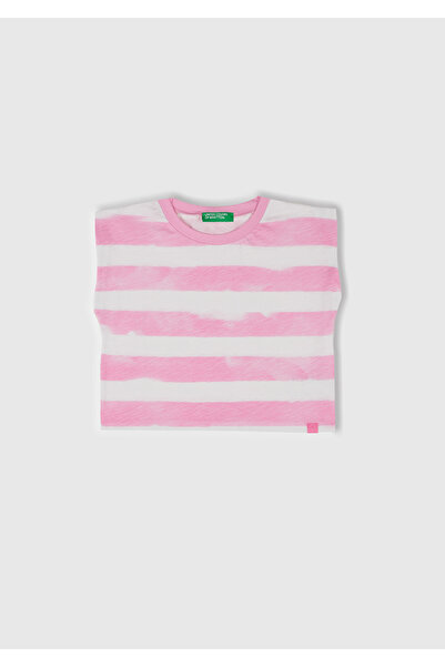United Colors of Benetton Κοριτσίστικο ροζ ριγέ λαιμόκοψη με λογότυπο με λεπτομέρεια αμάνικο μπλουζάκι