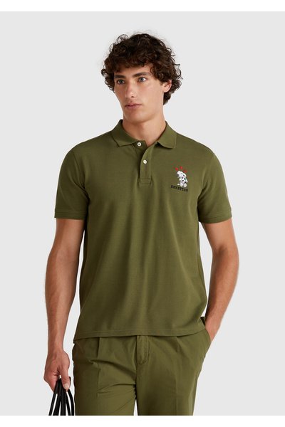 United Colors of Benetton Men's Khaki 100% Cotton Peanuts Printed Polo T-Shirt