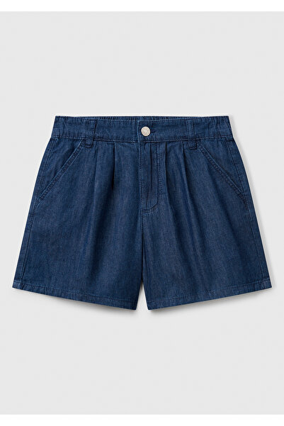 United Colors of Benetton Kız Çocuk Koyu Denim Arka Ceplerde Logo İşlemeli Düğmeli Denim Şönil Şort