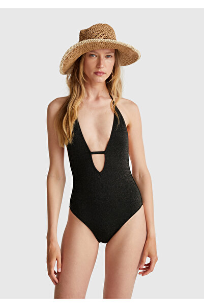 United Colors of Benetton Women's Black Deep V Neck Lurex Swimsuit