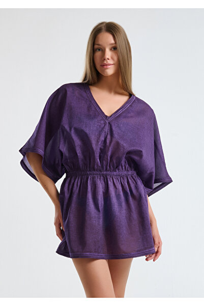 United Colors of Benetton Γυναικείο μωβ 100% βαμβακερό κοντό φόρεμα με μανίκια με ελαστική μέση V λαιμόκοψη