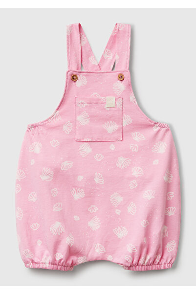 United Colors of Benetton Baby Pink All Patterned Logo Buttoned Adjustable Strap Jumpsuit