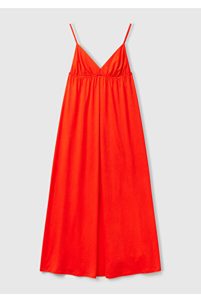 United Colors of Benetton Γυναικείο πορτοκαλί βαμβακερό και βισκοζέ με πλισέ λουράκι με λαιμόκοψη V μακρύ φόρεμα