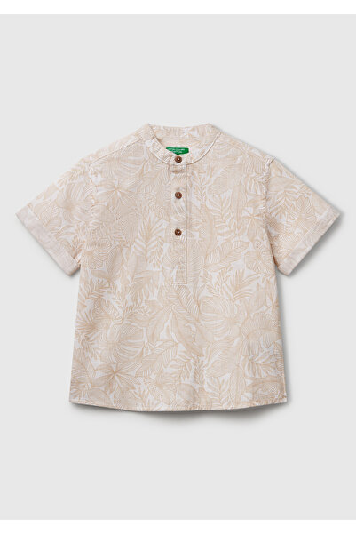 United Colors of Benetton Риза за момче в екрю цвят, ленена смес, с изцяло ша...