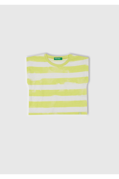 United Colors of Benetton Girls' Yellow Striped Neck Ribbed Logo Label Detail...